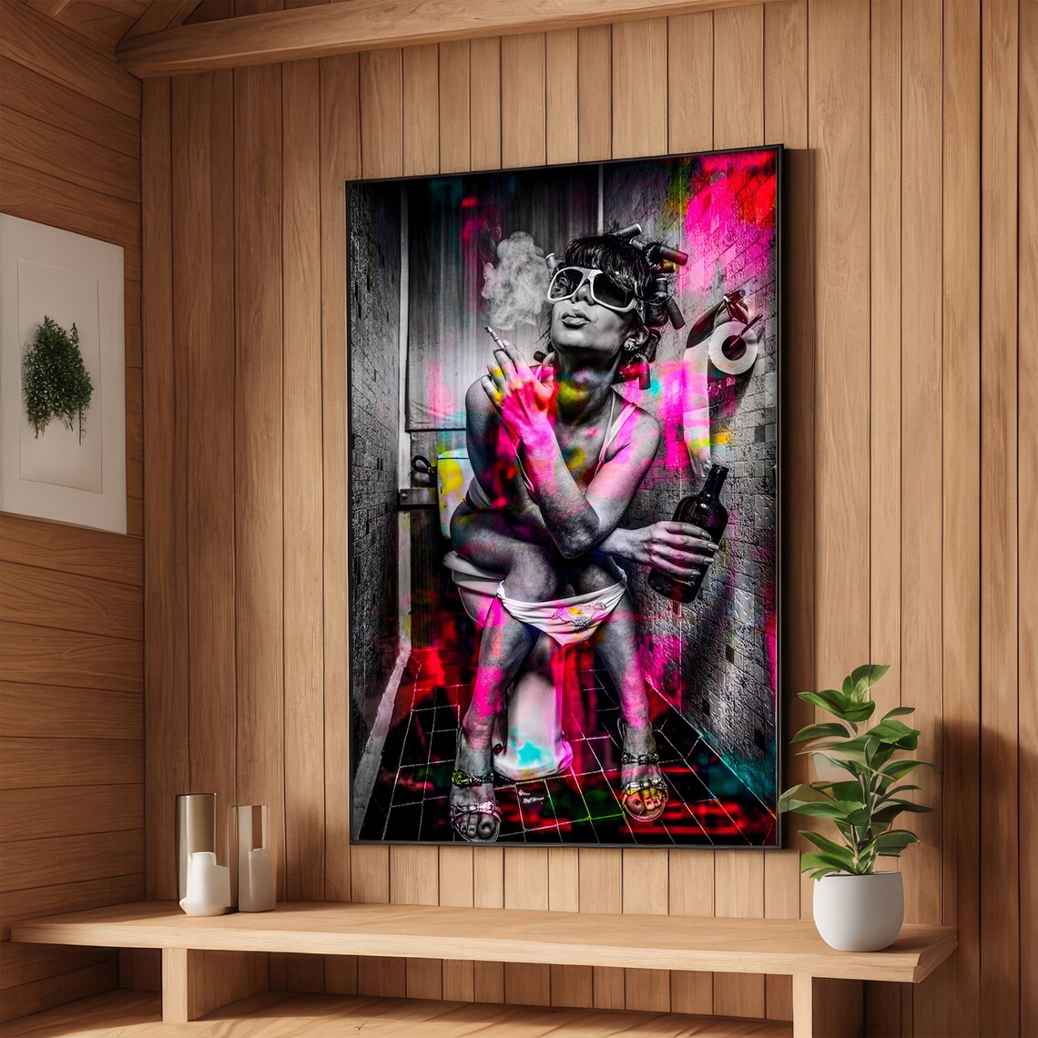 Edgy Pop Art Woman Smoking in a Neon-Splashed Bathroom Scene Poster