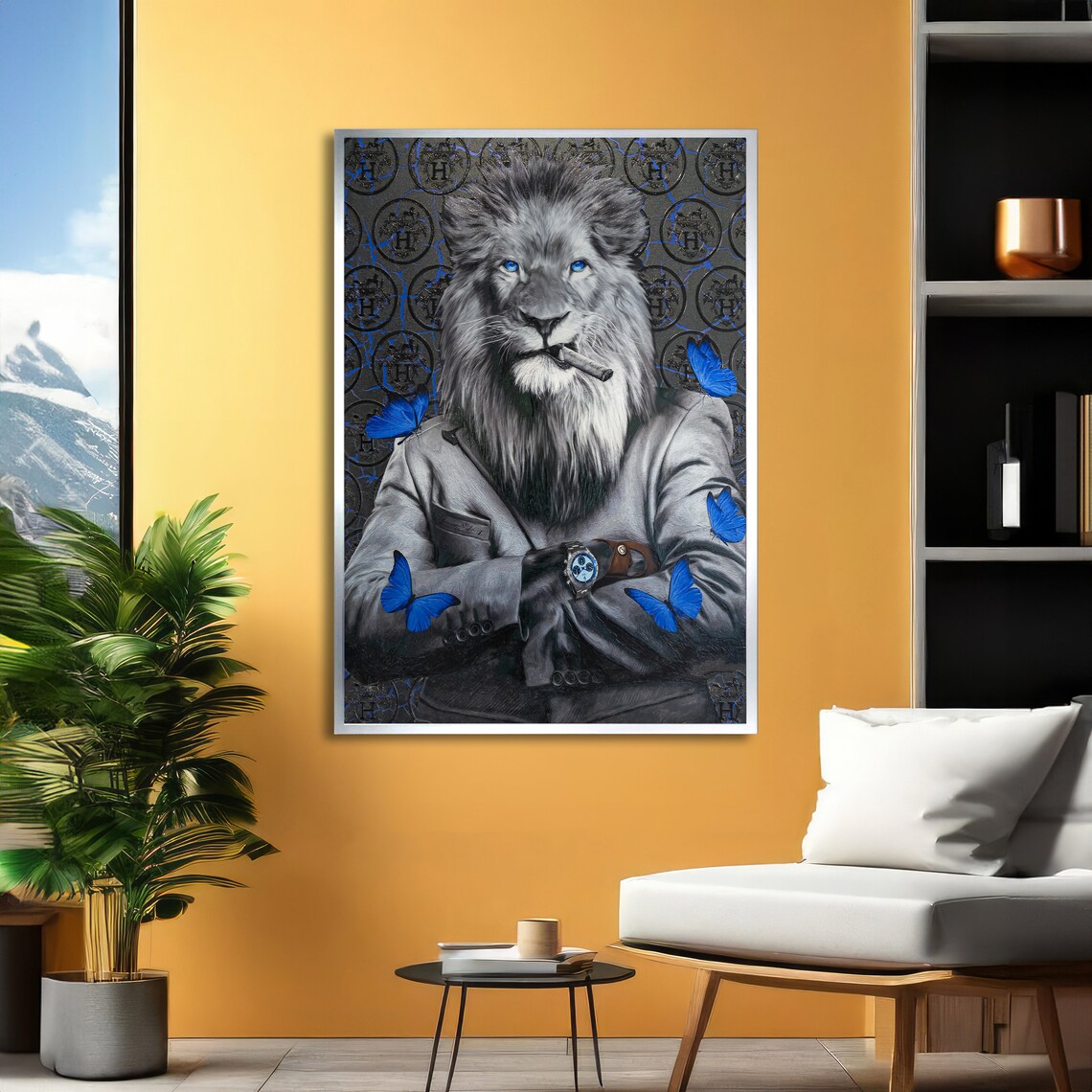 Blue-Eyed Lion in a Suit Smoking Cigar Luxury Boss Wall Poster - Image 4