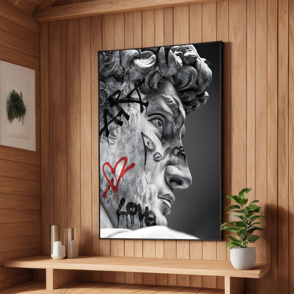 Graffiti David Statue with Peace Love Tags and Red Heart Urban Poster