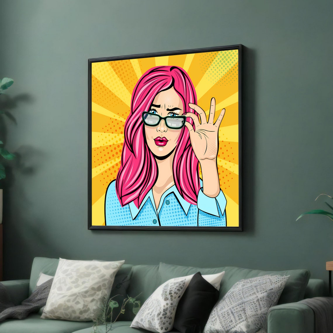 Pop Art Pink Haired Woman Glasses Yellow Sunburst Art Poster