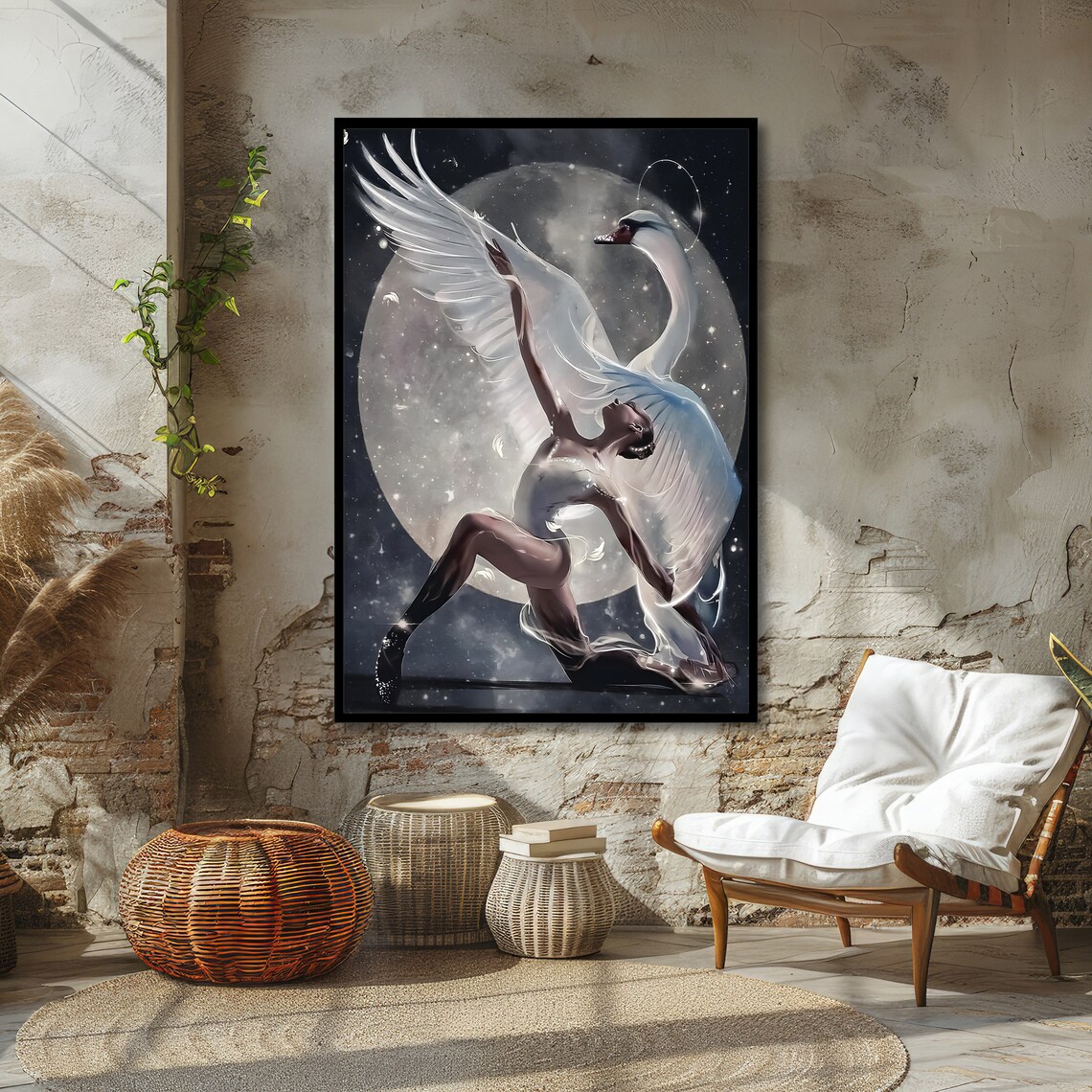 Ballerina with Swan Wings Fantasy Moonlight Dance Art Poster - Image 4