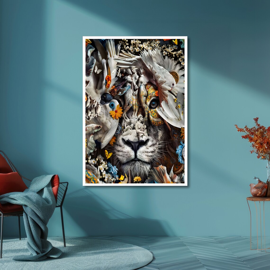 Surreal Lion Collage with Doves Flowers Butterflies Art Poster - Image 6
