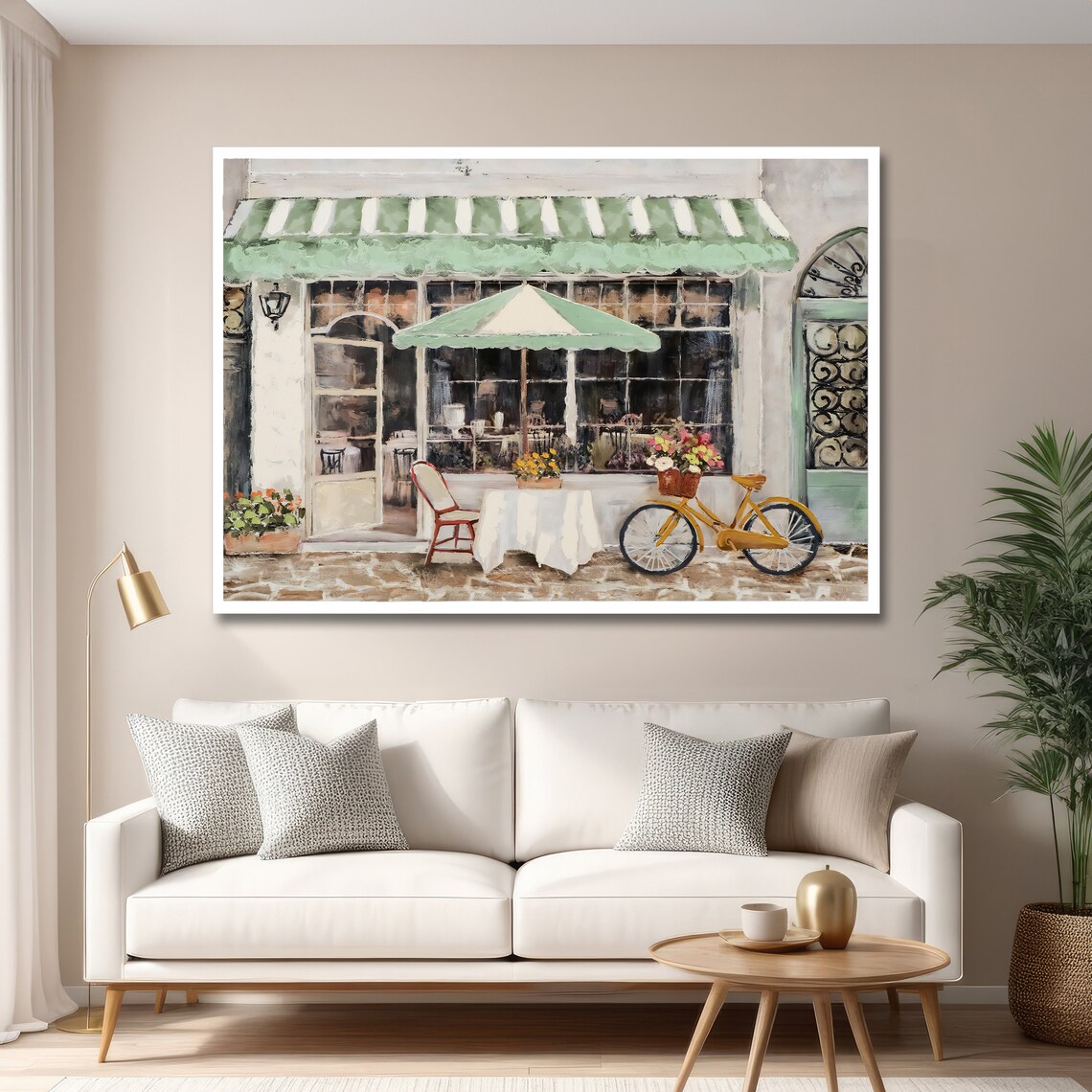 Charming European Cafe Storefront With Green Awning and Bicycle Art Poster - Image 3
