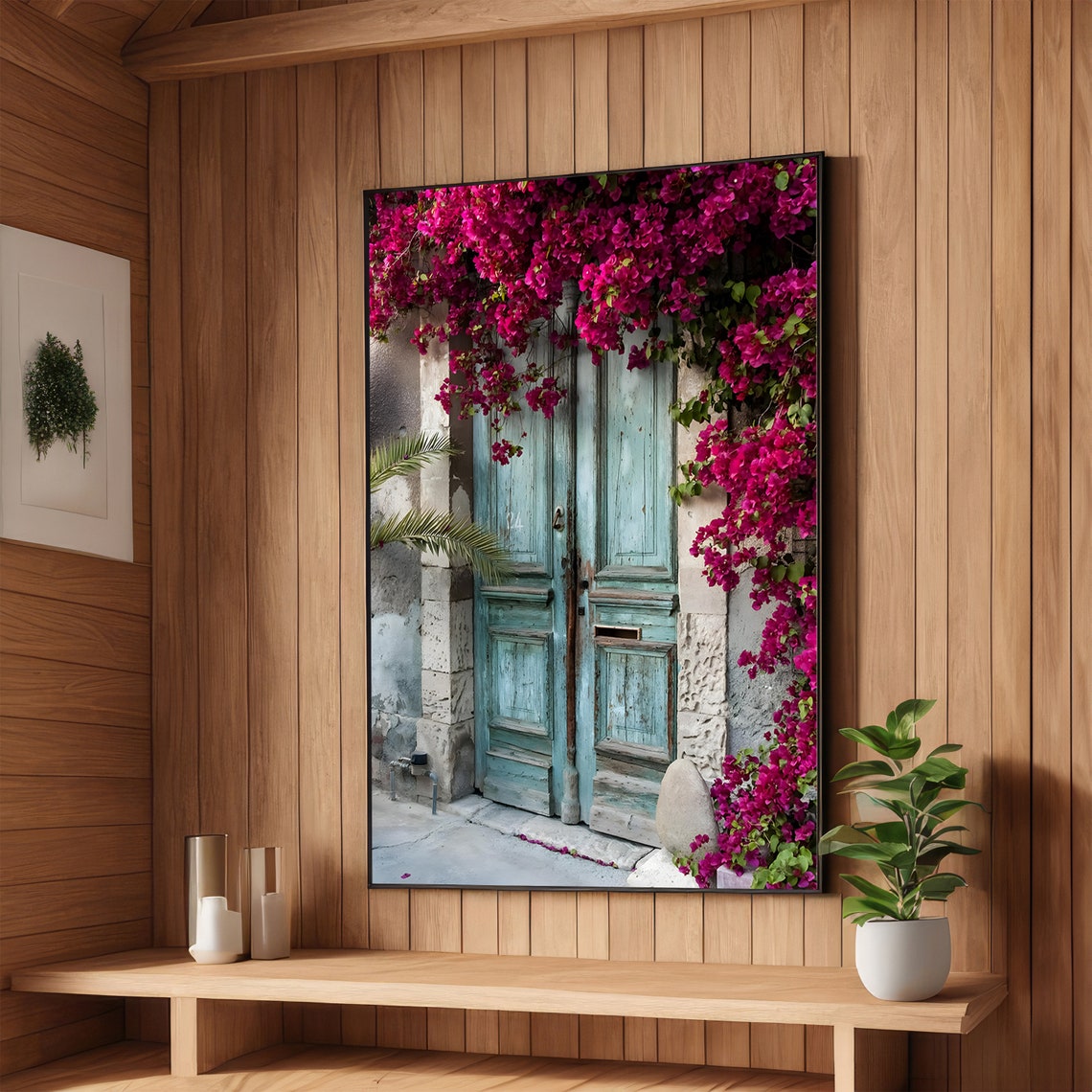 Rustic Blue Door With Pink Bougainvillea Mediterranean Poster
