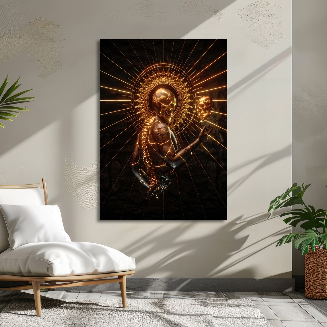 Radiant Golden Skeleton King Art Illuminated Skull Sculpture Surreal Gothic Wall Art Ready To Hang - Image 4