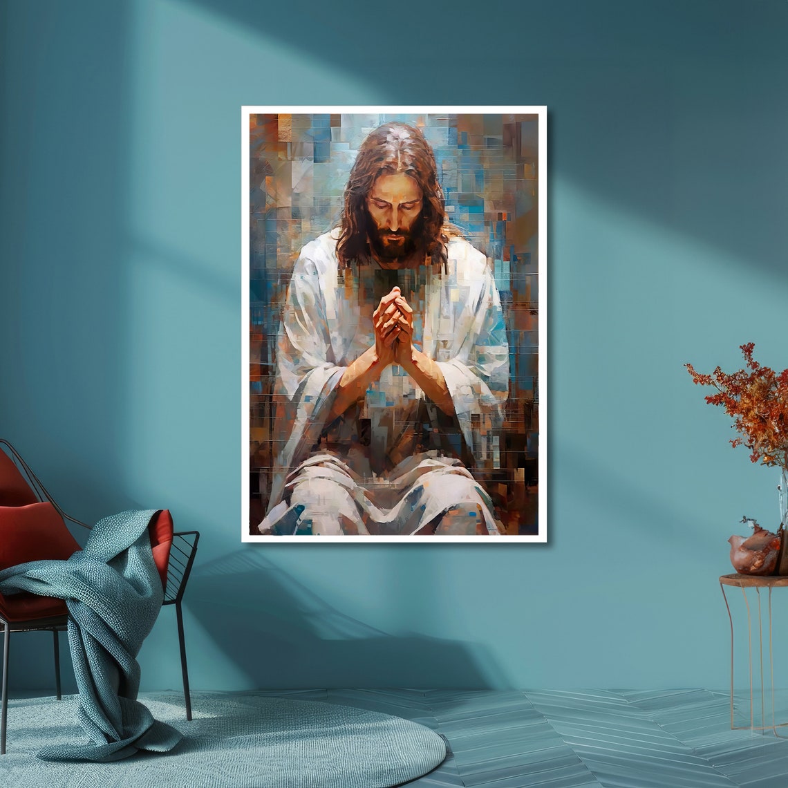 Jesus Christ Praying with Folded Hands Modern Textured Art Poster - Image 4