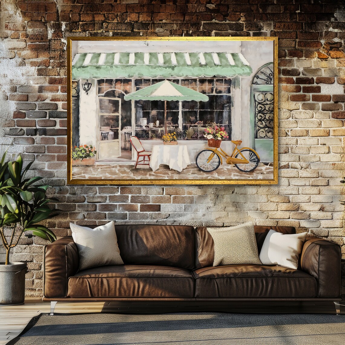 Charming European Cafe Storefront With Green Awning and Bicycle Art Poster - Image 5