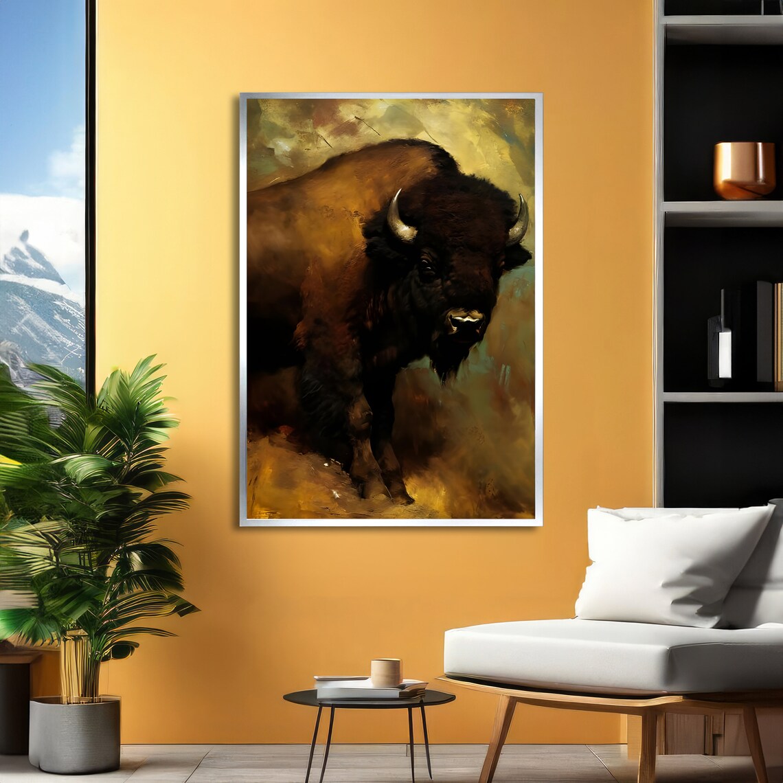 Majestic Bison Dark Portrait Golden Rustic Wildlife Painting Poster - Image 2