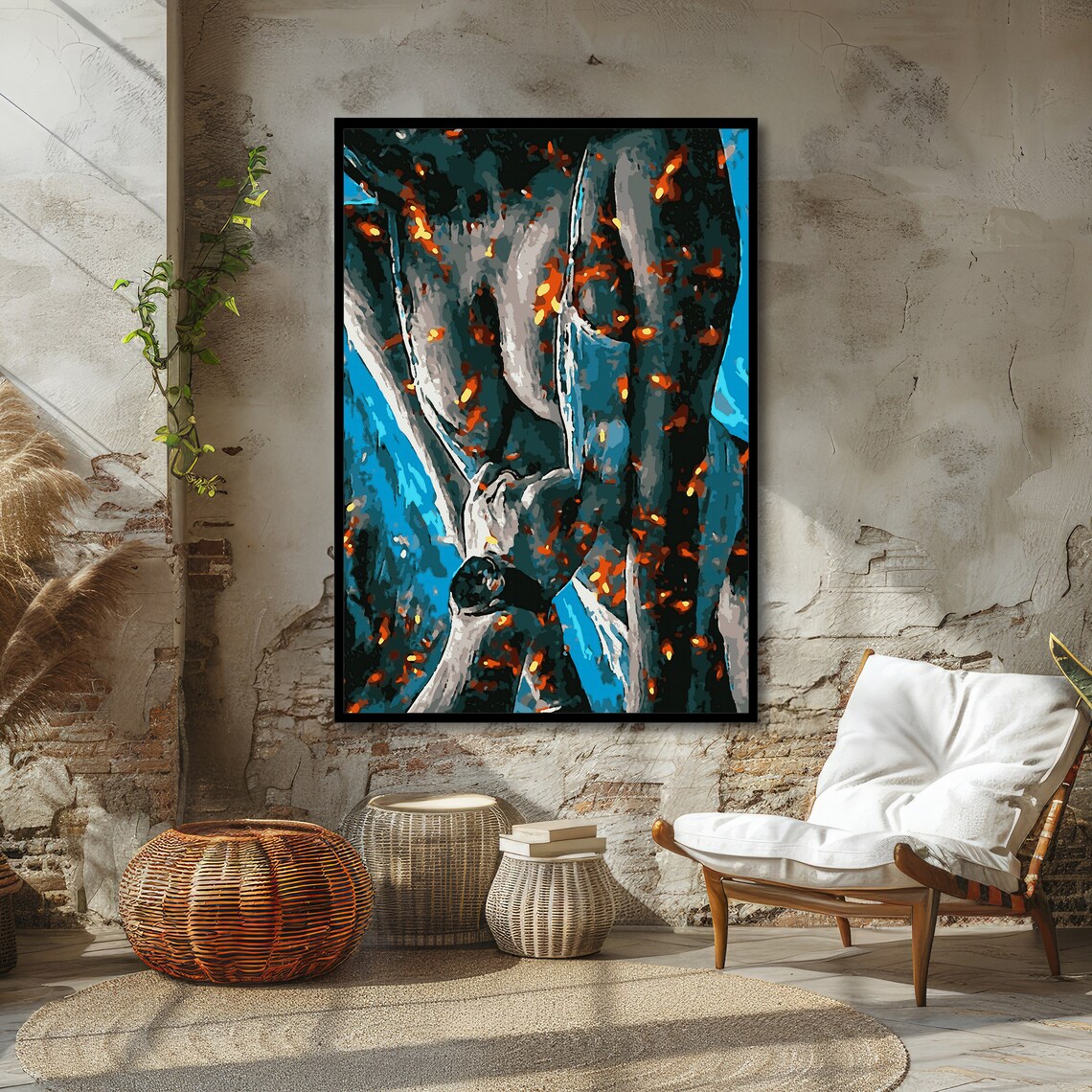 Erotic Embrace Abstract Lovers Entwined in Blue and Orange Art Poster - Image 4