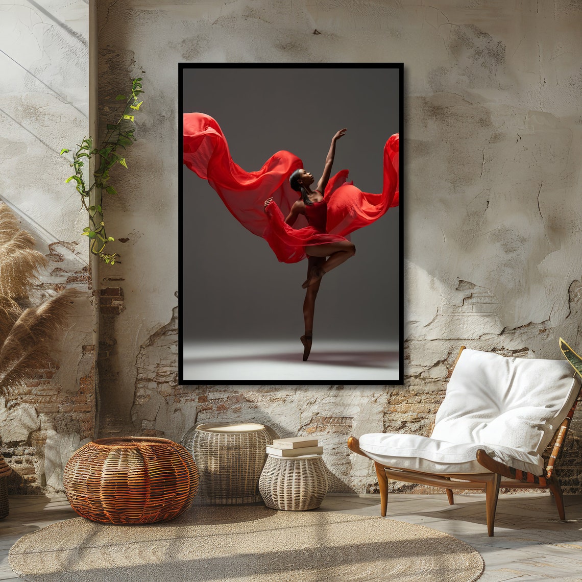 Black Dancer with Flowing Red Fabric Dramatic Ballet Leap Art Poster - Image 2