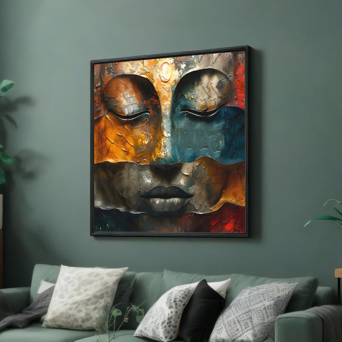 Tranquil Buddha Face in Gold and Teal Textured Zen Meditation Poster