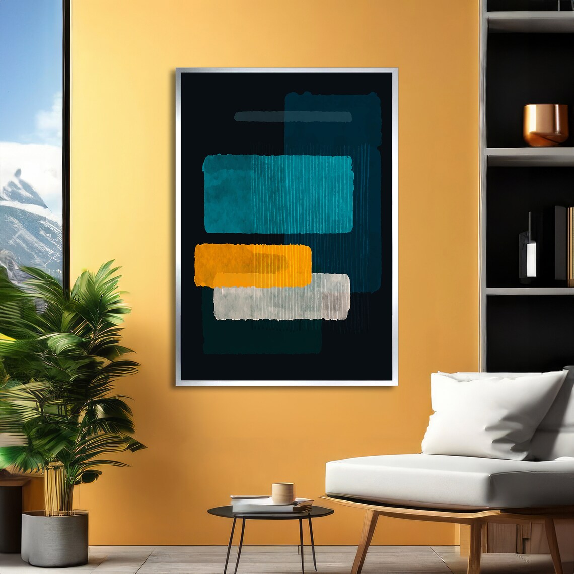 Rothko-Style Teal Orange White Blocks on Black Ground Poster - Image 6