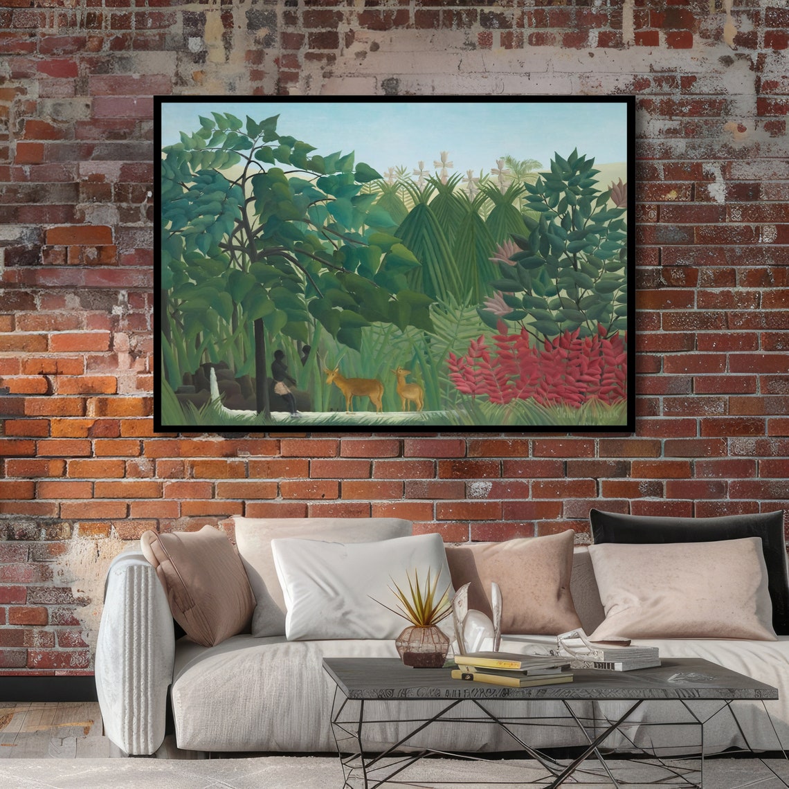 Rousseau Exotic Tropical Jungle with Deer and Red Blossoms Poster - Image 4