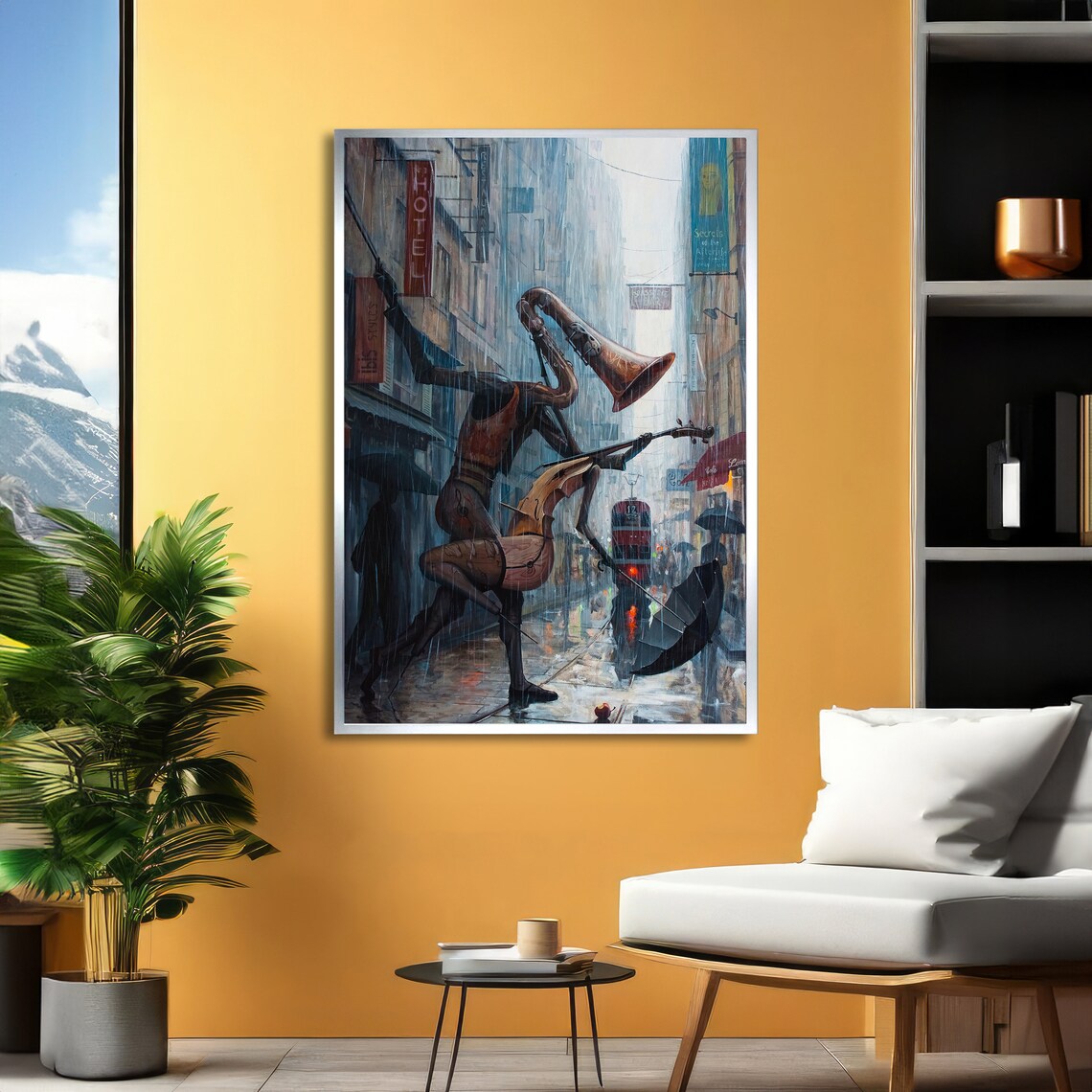 Surreal Saxophone Player Rainy City Street Jazz Music Poster - Image 2