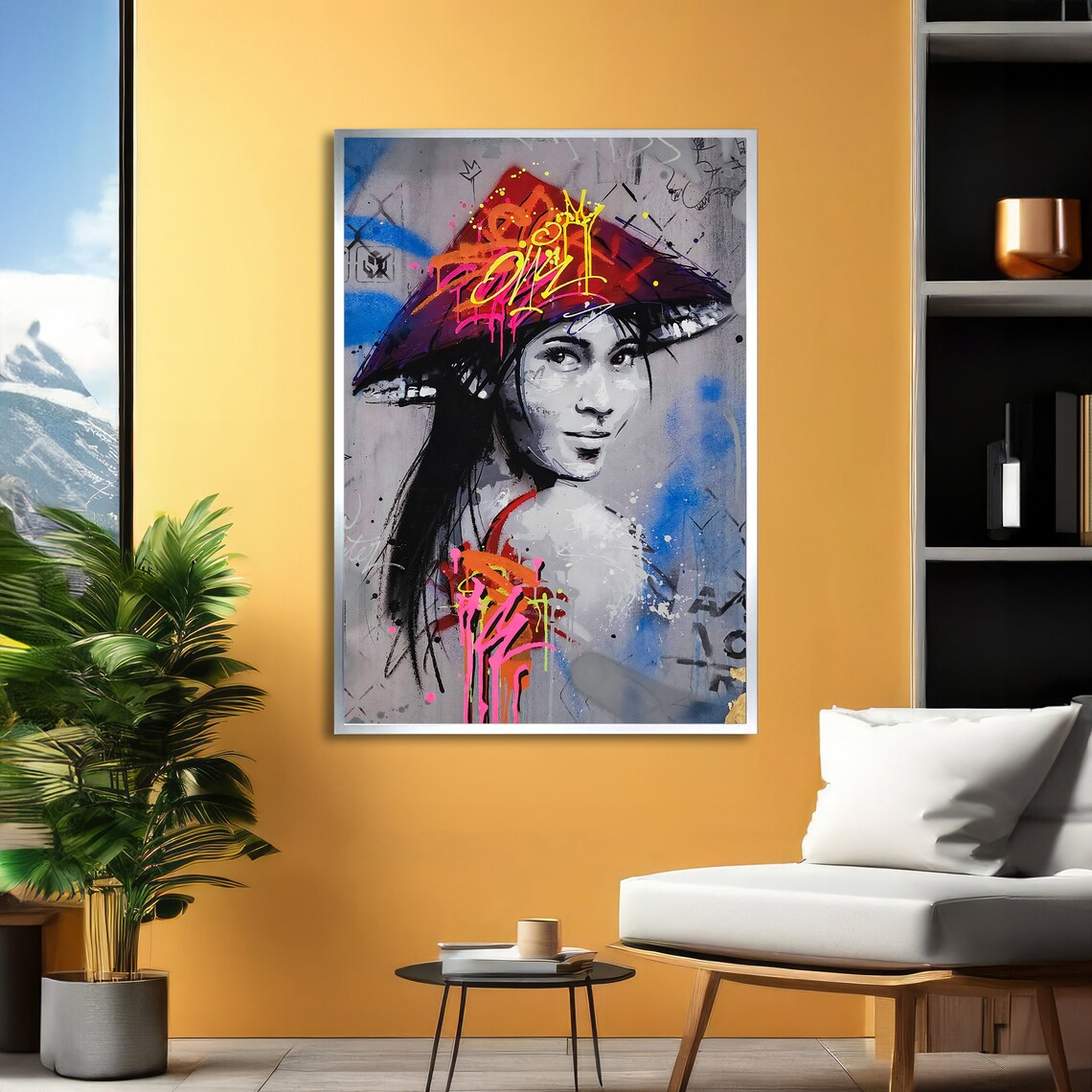 Graffiti Geisha Wearing a Colorful Hat Urban Street Art Poster - Image 2