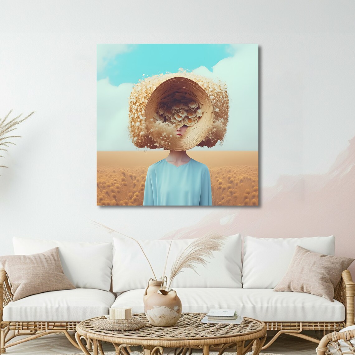 Straw Flower Hat Woman Wheat Field Surreal Portrait Art Poster - Image 5