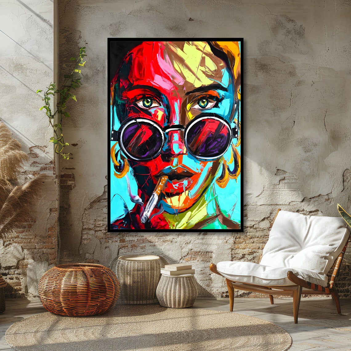 Pop Art Woman Round Sunglasses Bold Cigarette Color Portrait Poster - Image 4