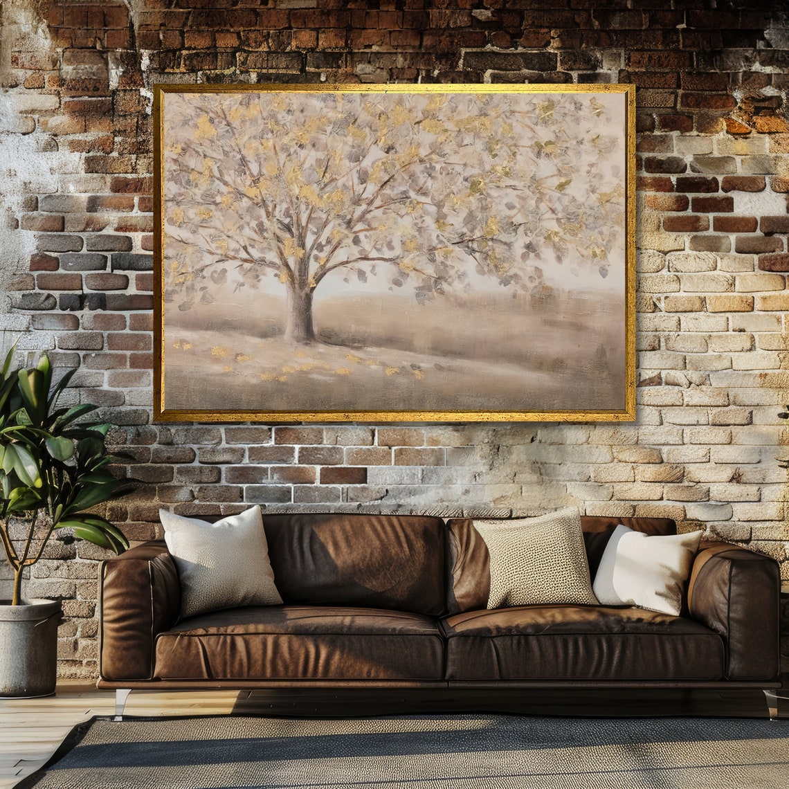Golden Leaf Tree Serene Autumn Neutral Botanical Landscape Poster - Image 3