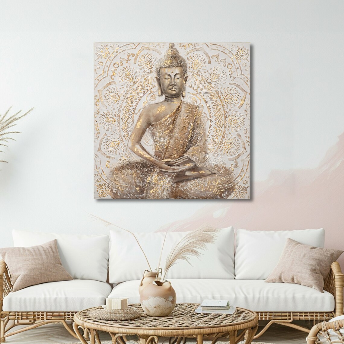 Golden Buddha Meditating Before Ornate White and Gold Mandala Art Poster - Image 5