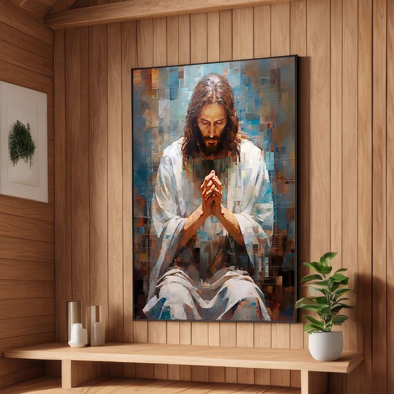 Jesus Christ Praying with Folded Hands Modern Textured Art Poster