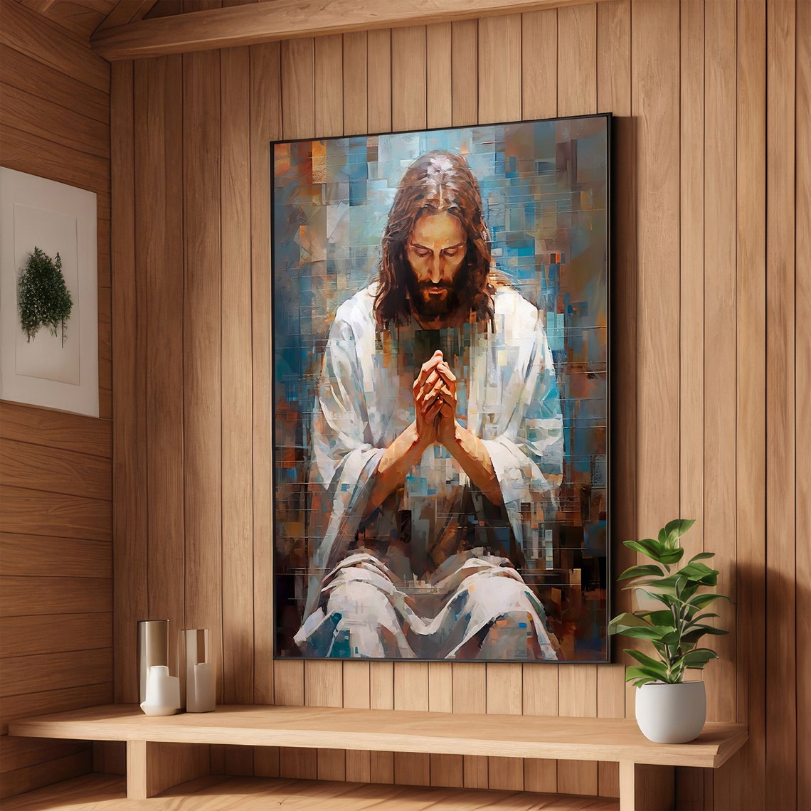 Jesus Christ Praying with Folded Hands Modern Textured Art Poster
