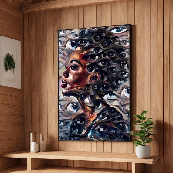 Surreal Woman Profile Surrounded By Hundreds Of Painted Eyes Art Poster