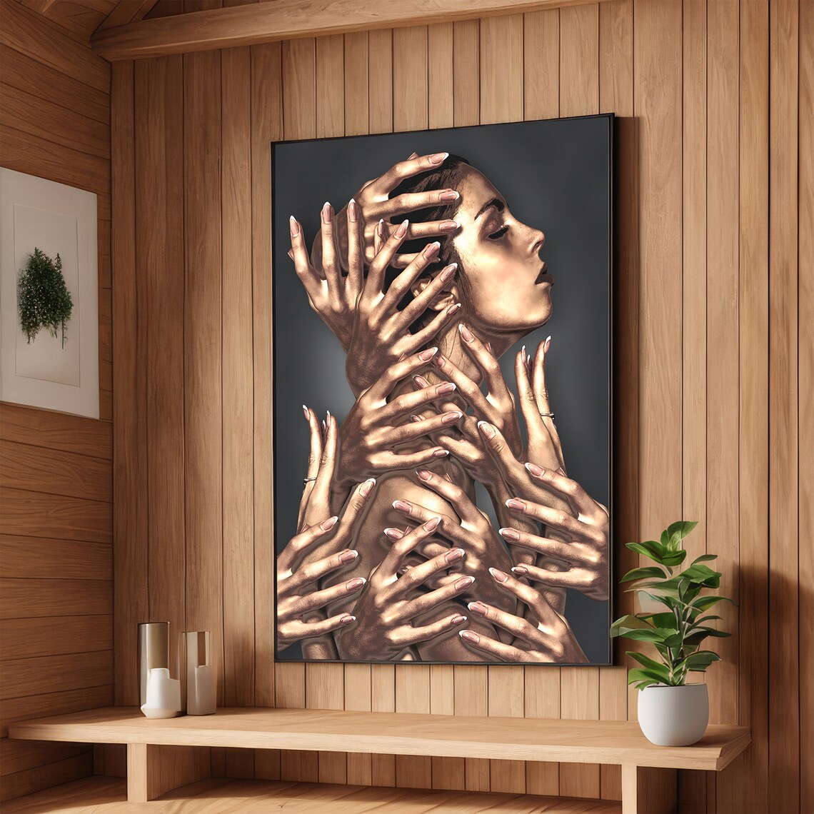 Enigmatic Woman Embraced By Many Hands Surreal Dark Moody Art Poster