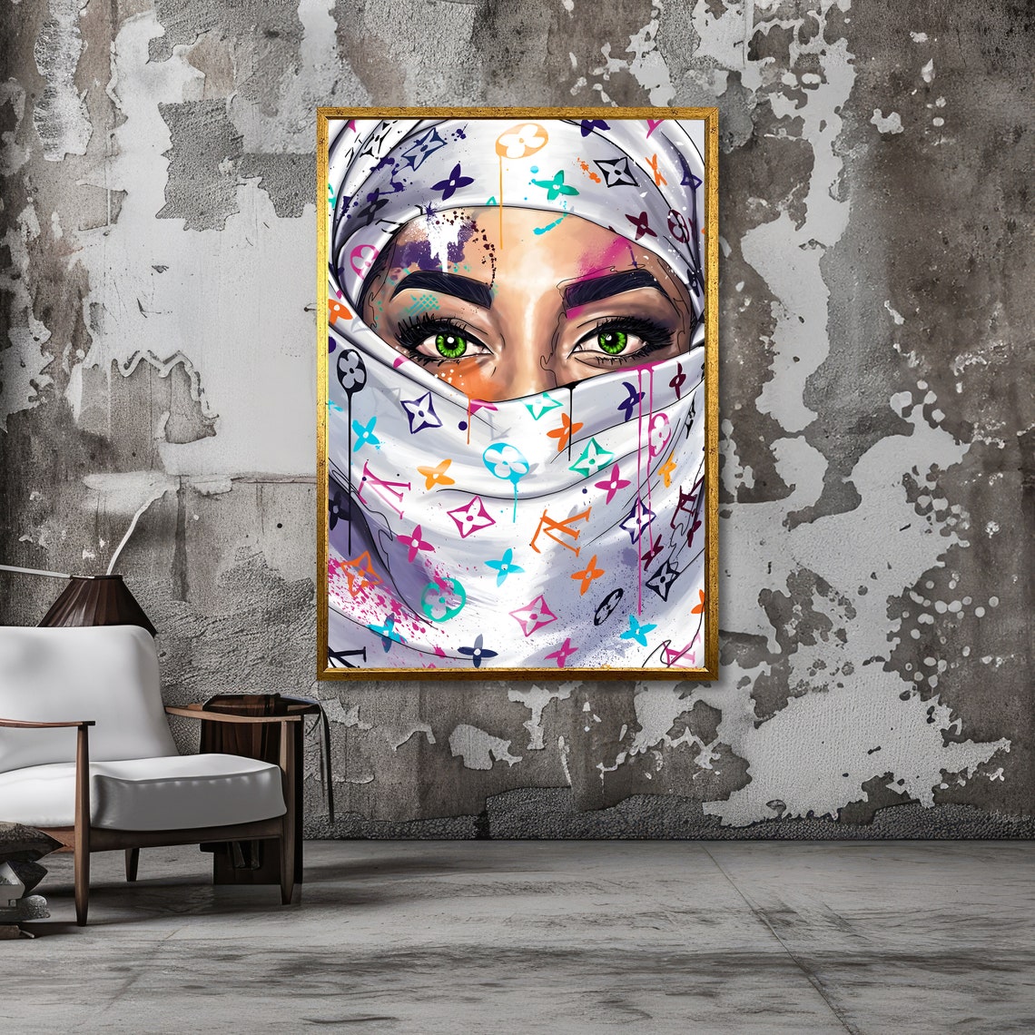 Woman in Colorful Patterned Hijab Vibrant Portrait Art Poster - Image 3
