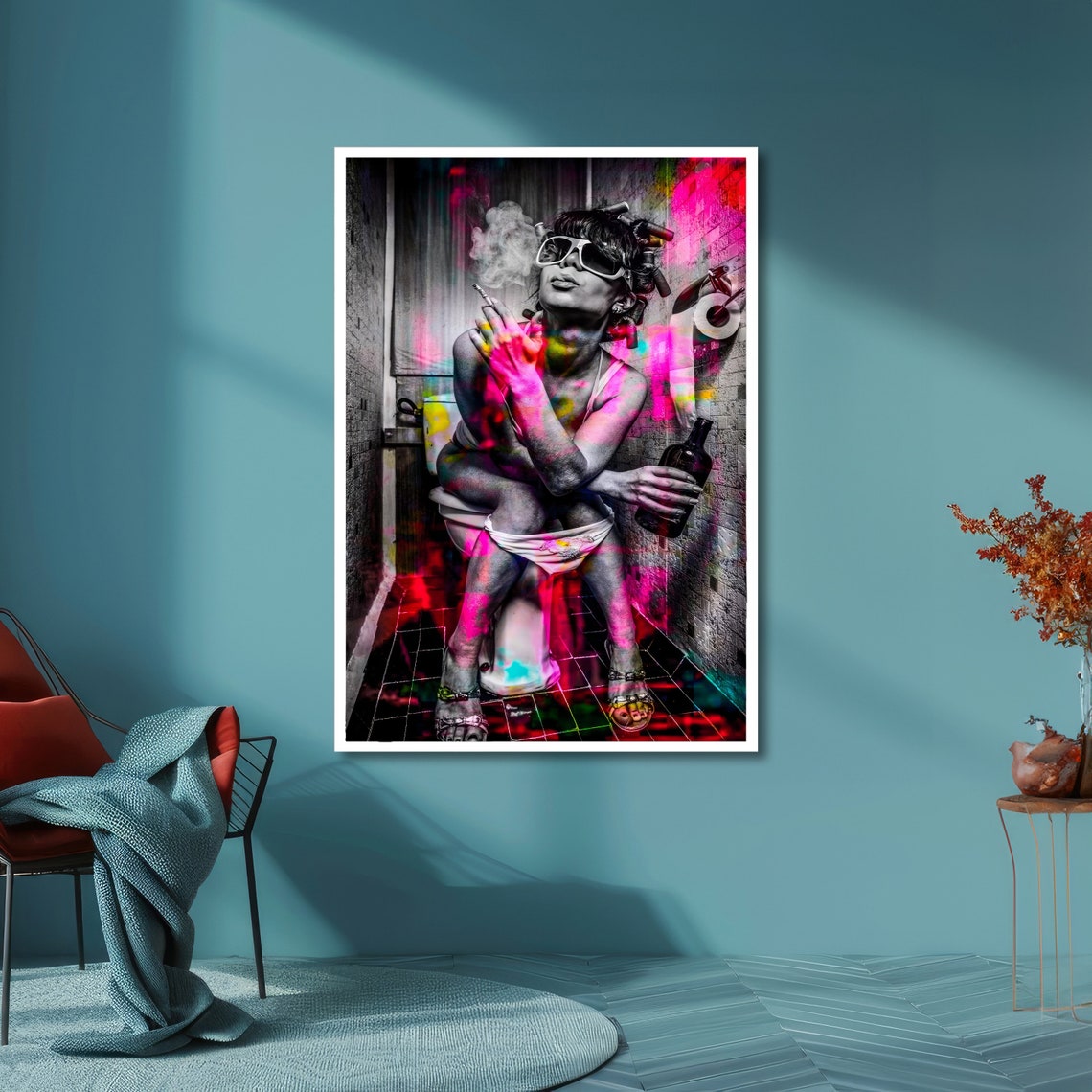 Edgy Pop Art Woman Smoking in a Neon-Splashed Bathroom Scene Poster - Image 6