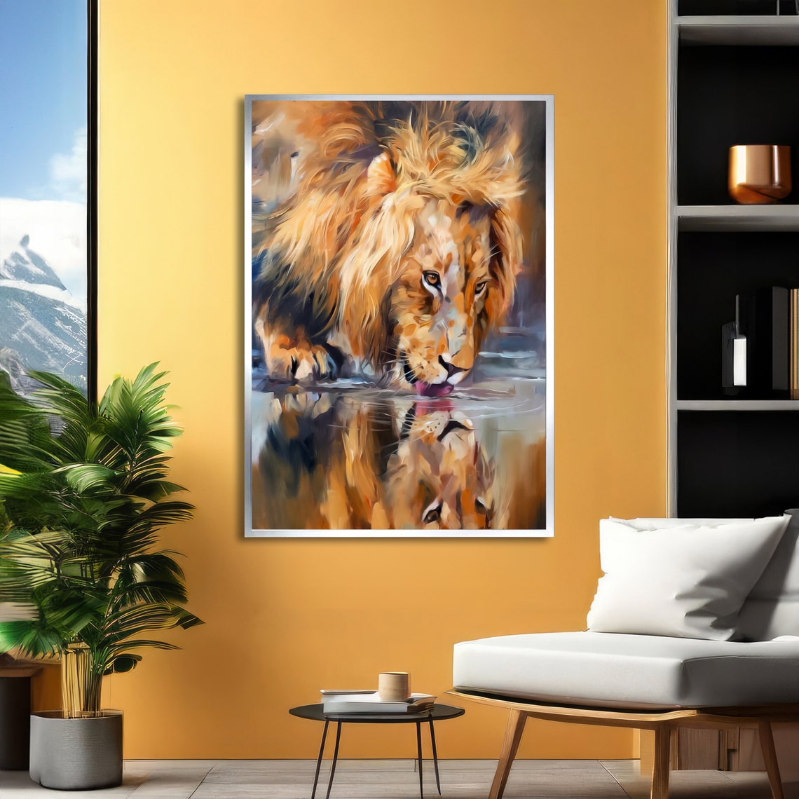 Reflective Lion Drinking Water Mirrored Reflection Art Poster - Image 4