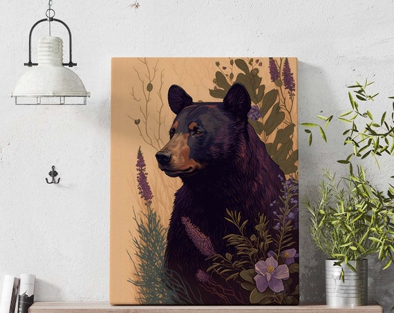 Black Bear Art Print Black Bear In Lavender Floral Bear Poster Cabin Wall Decor Wildlife Art Bear Painting Farmhouse Decor