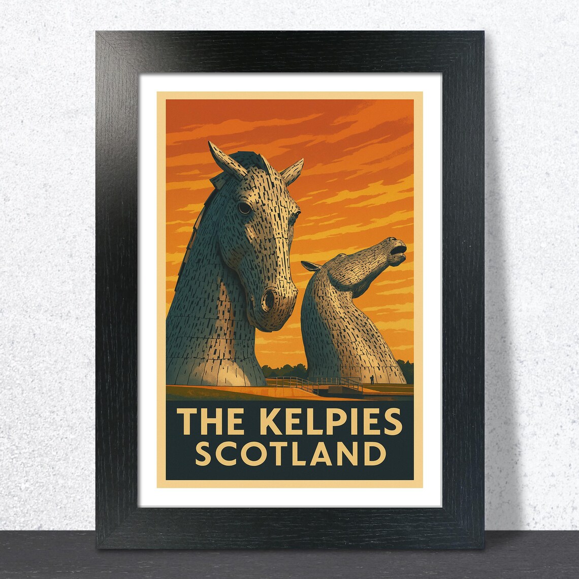 The Kelpies Scotland Sunset Giant Horse Sculptures Travel Poster