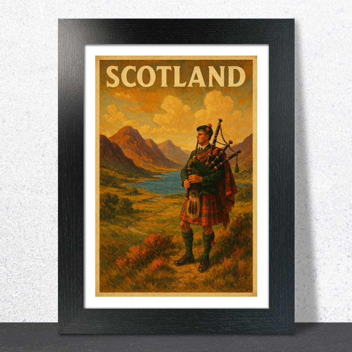 Scotland Kilted Bagpiper Highland Lake Vintage Travel Poster