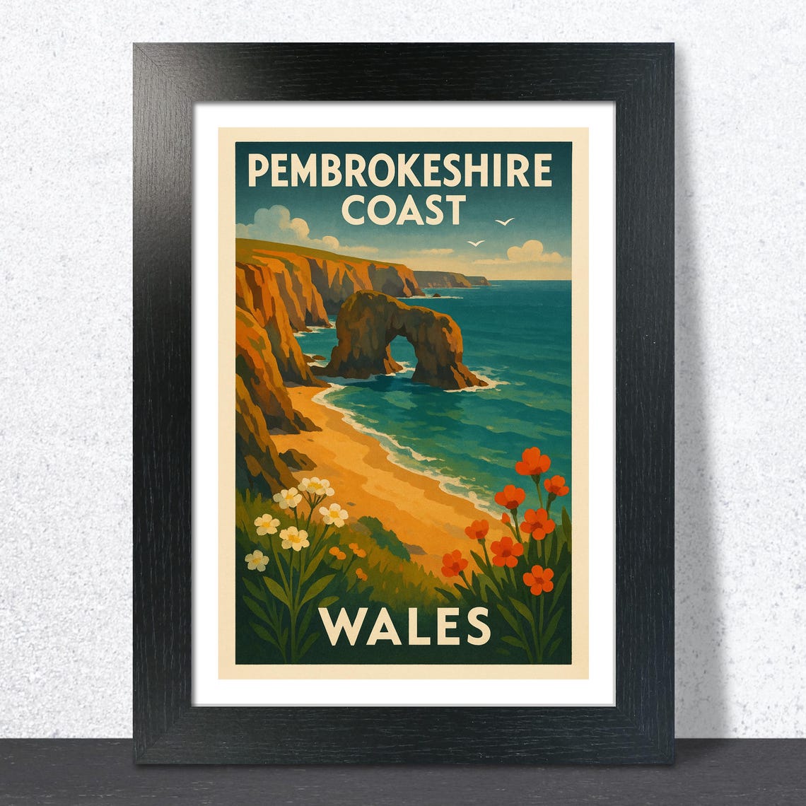 Pembrokeshire Coast Wales Sea Arch Beach Vintage Travel Poster Art