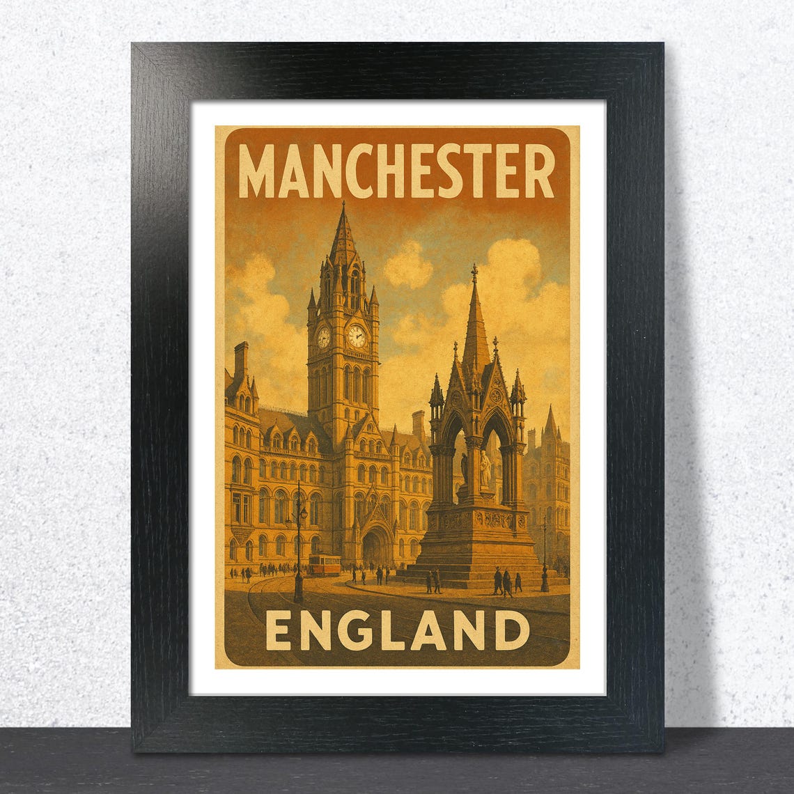 Manchester England Town Hall Vintage Travel Poster Retro Artwork