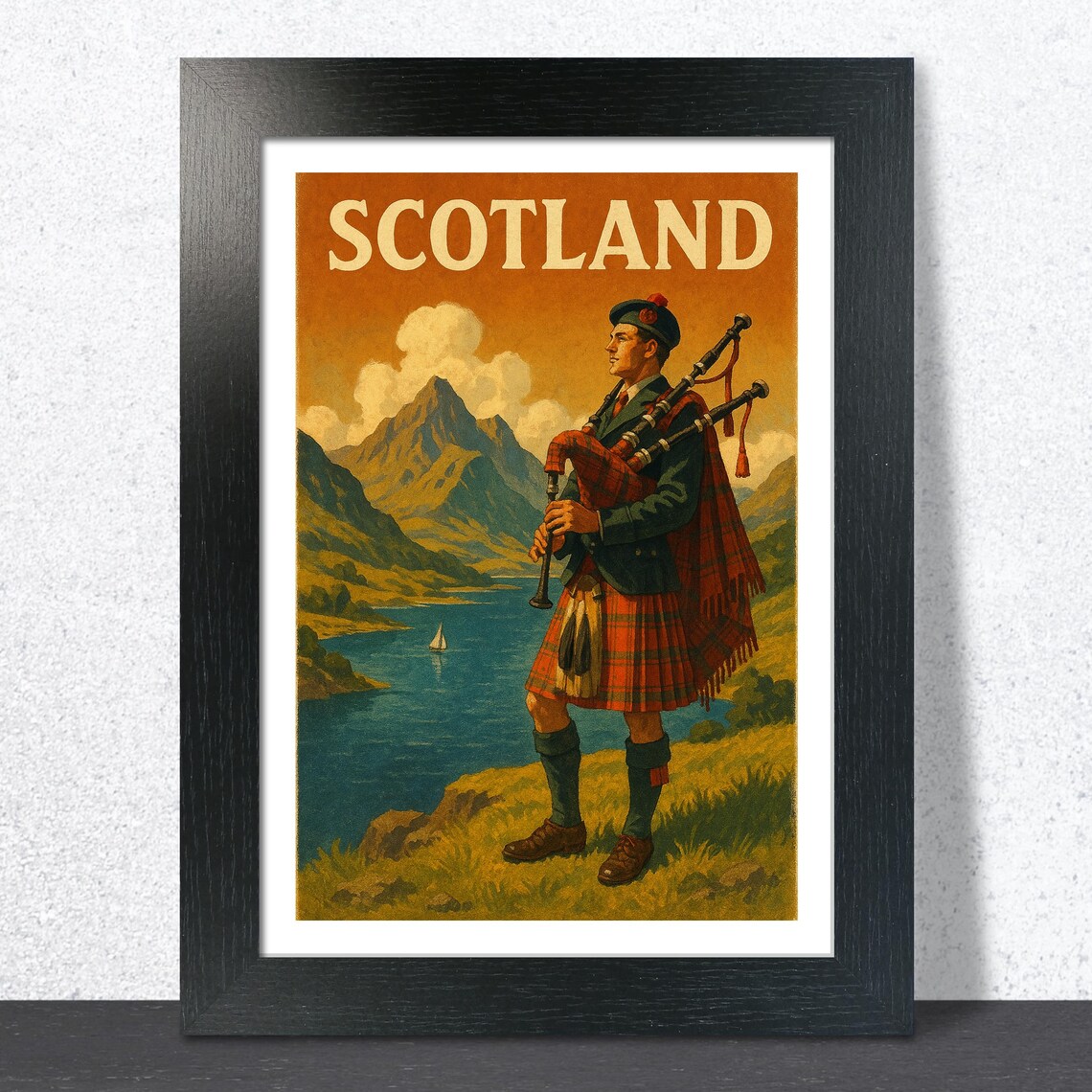 Scotland Bagpiper in Kilt Vintage Travel Poster with Highland Loch