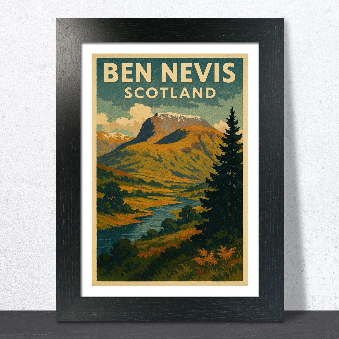 Ben Nevis Scotland Travel Poster With River Valley And Pine Forest