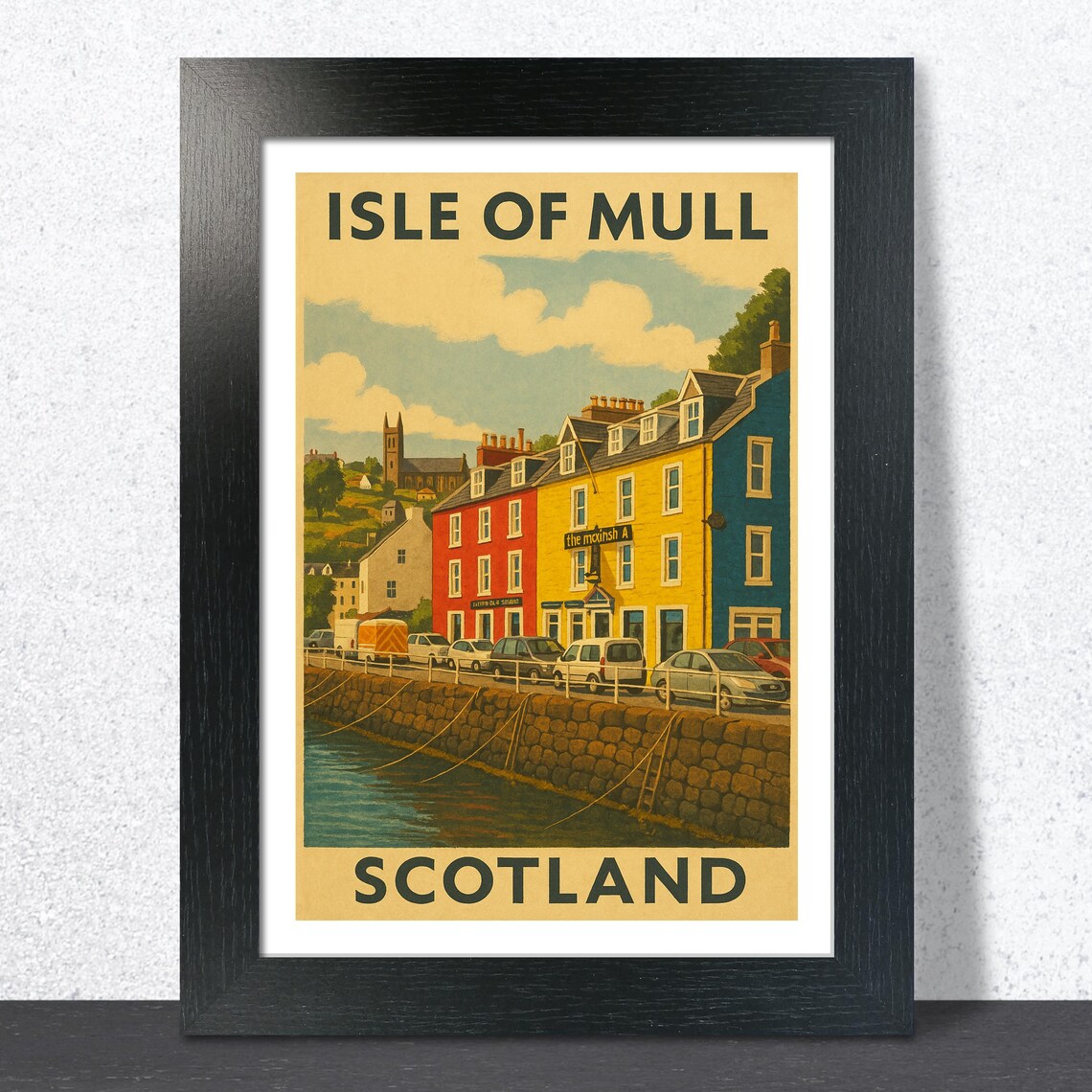 Isle of Mull Scotland Travel Poster Colorful Tobermory Harbor Houses