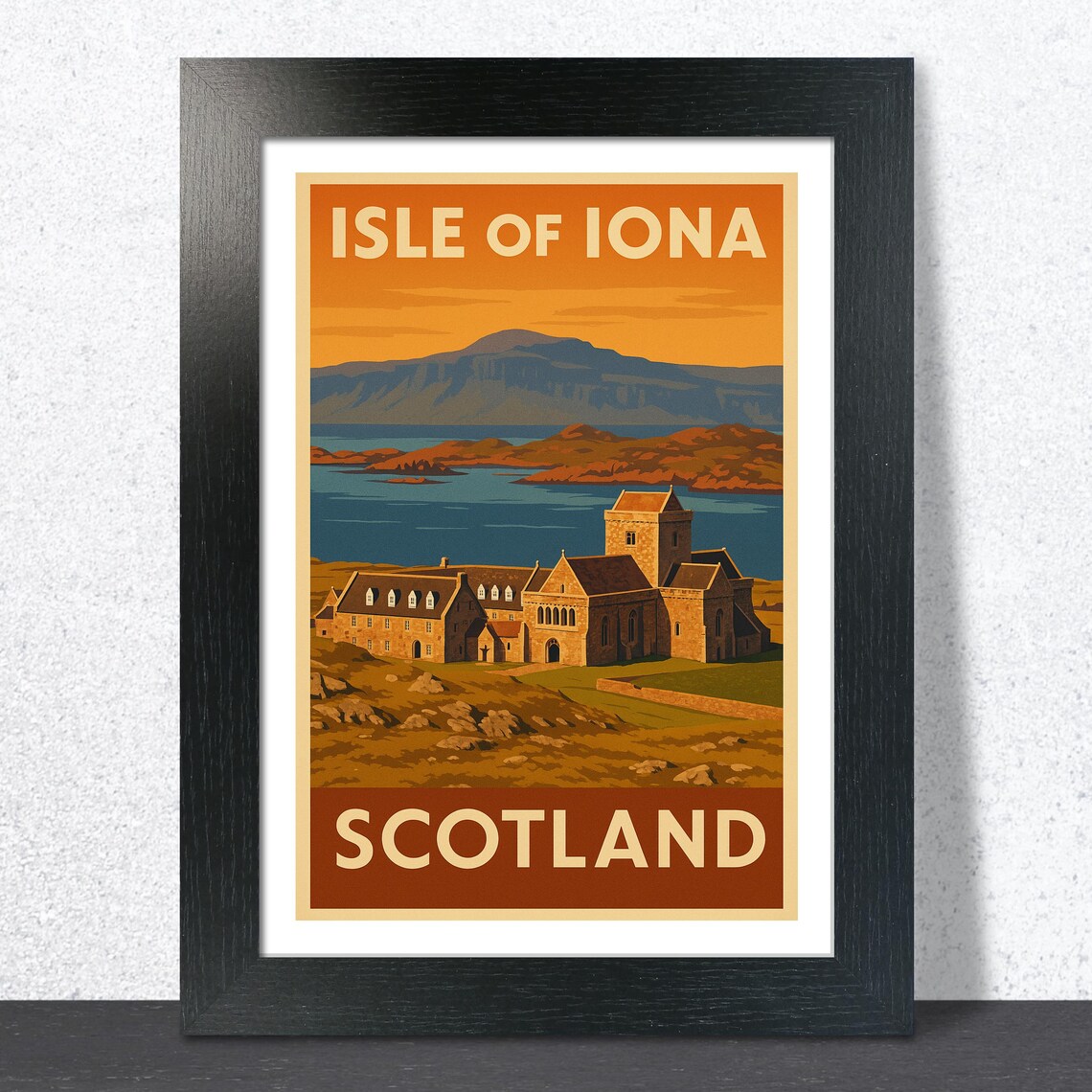 Isle Of Iona Scotland Vintage Travel Poster Abbey Ruins Sunset Coast