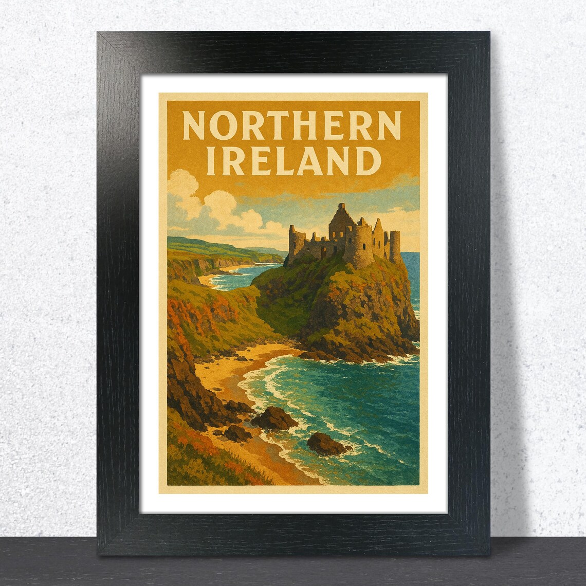Northern Ireland Castle Ruin Overlooking Beach Sunset Poster
