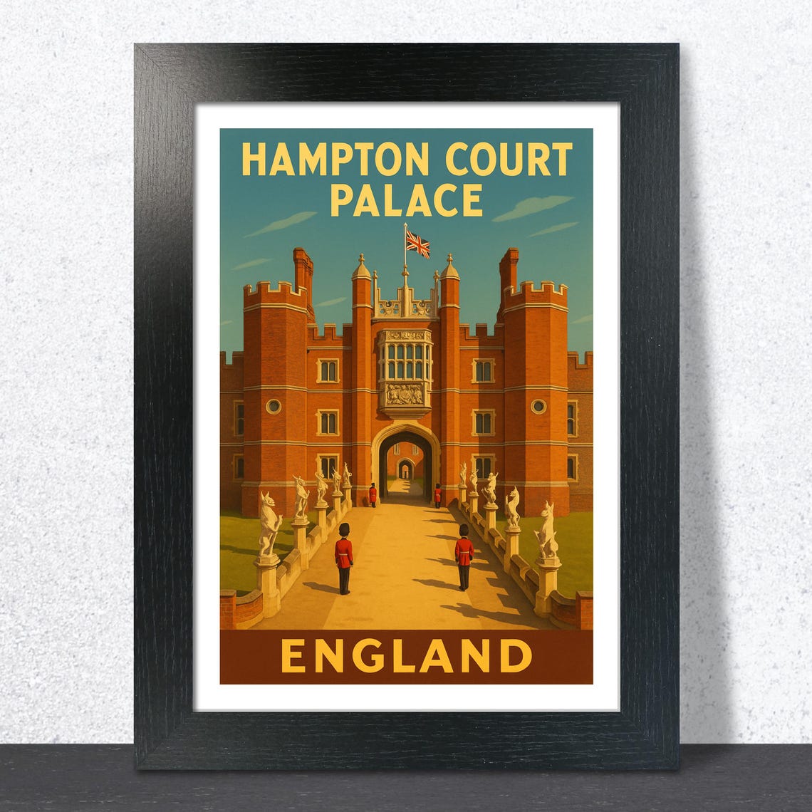 Hampton Court Palace England Teal Sky Vintage Tudor Gatehouse Poster