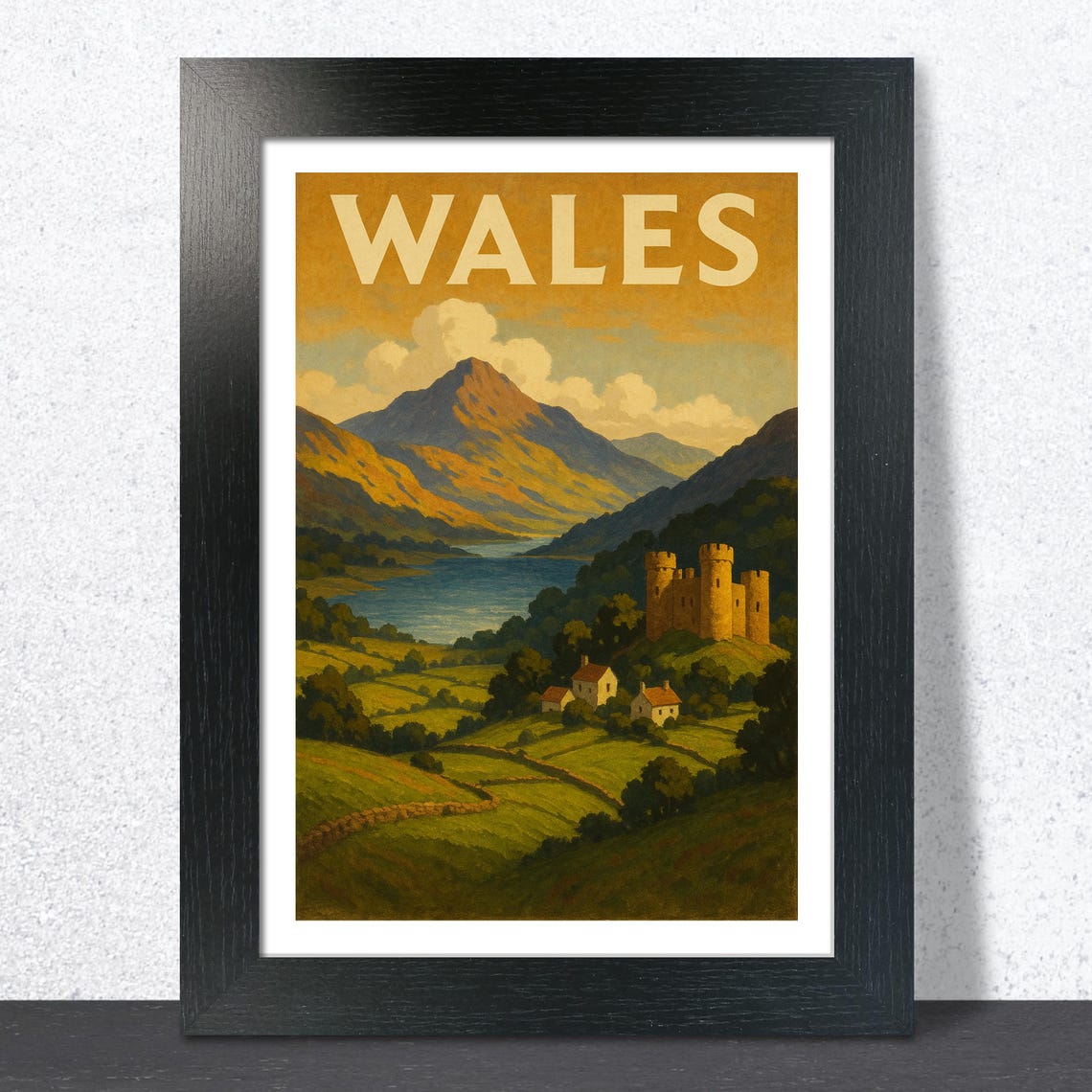 Wales Vintage Travel Poster with Castle Lake and Mountain Art