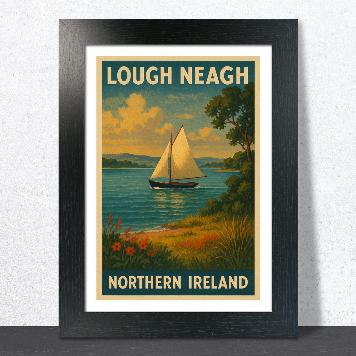 Lough Neagh Northern Ireland Sailboat Sunset Vintage Travel Poster