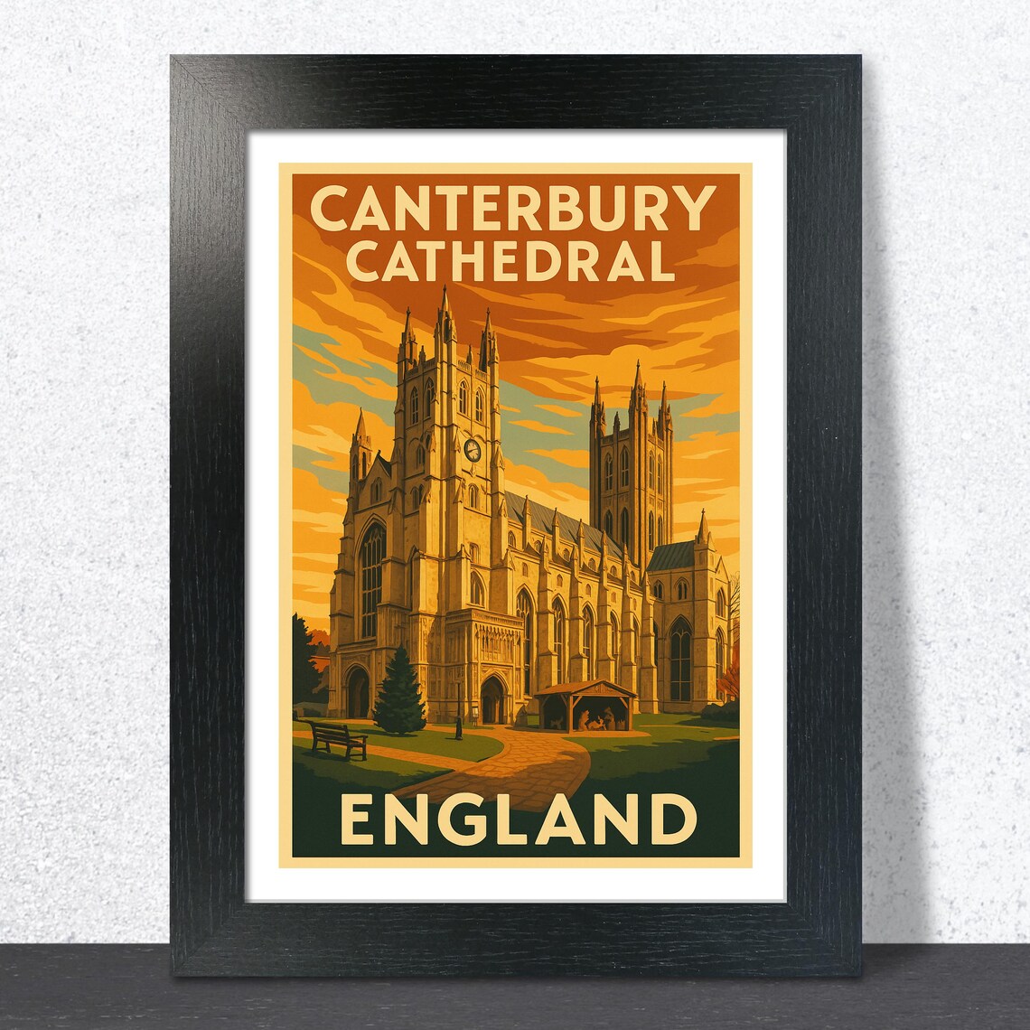 Canterbury Cathedral England Vintage Sunset Travel Art Poster
