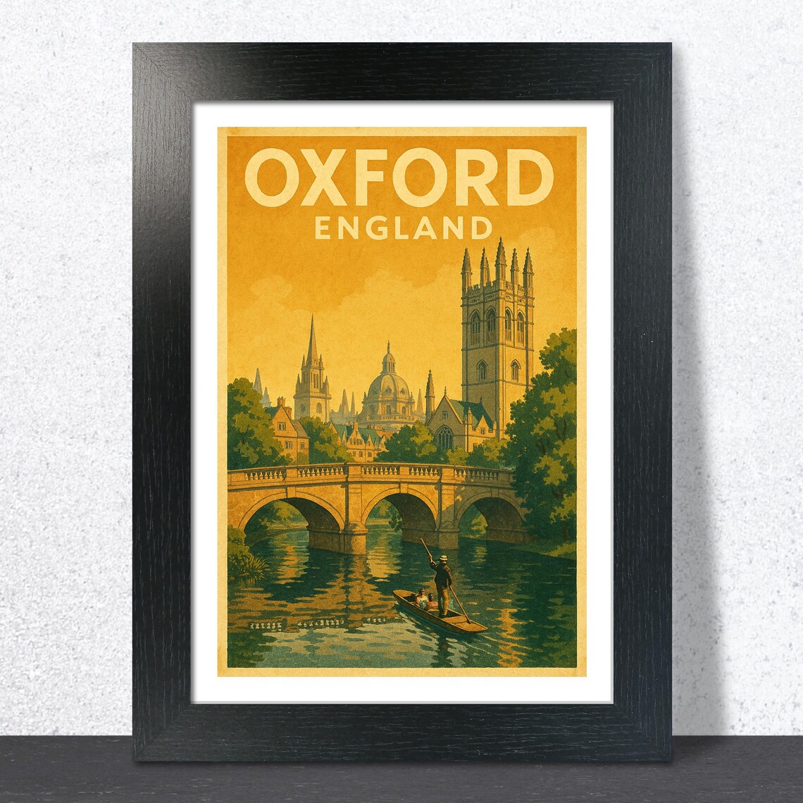 Oxford England Vintage Travel River Punting Bridge Scene Poster