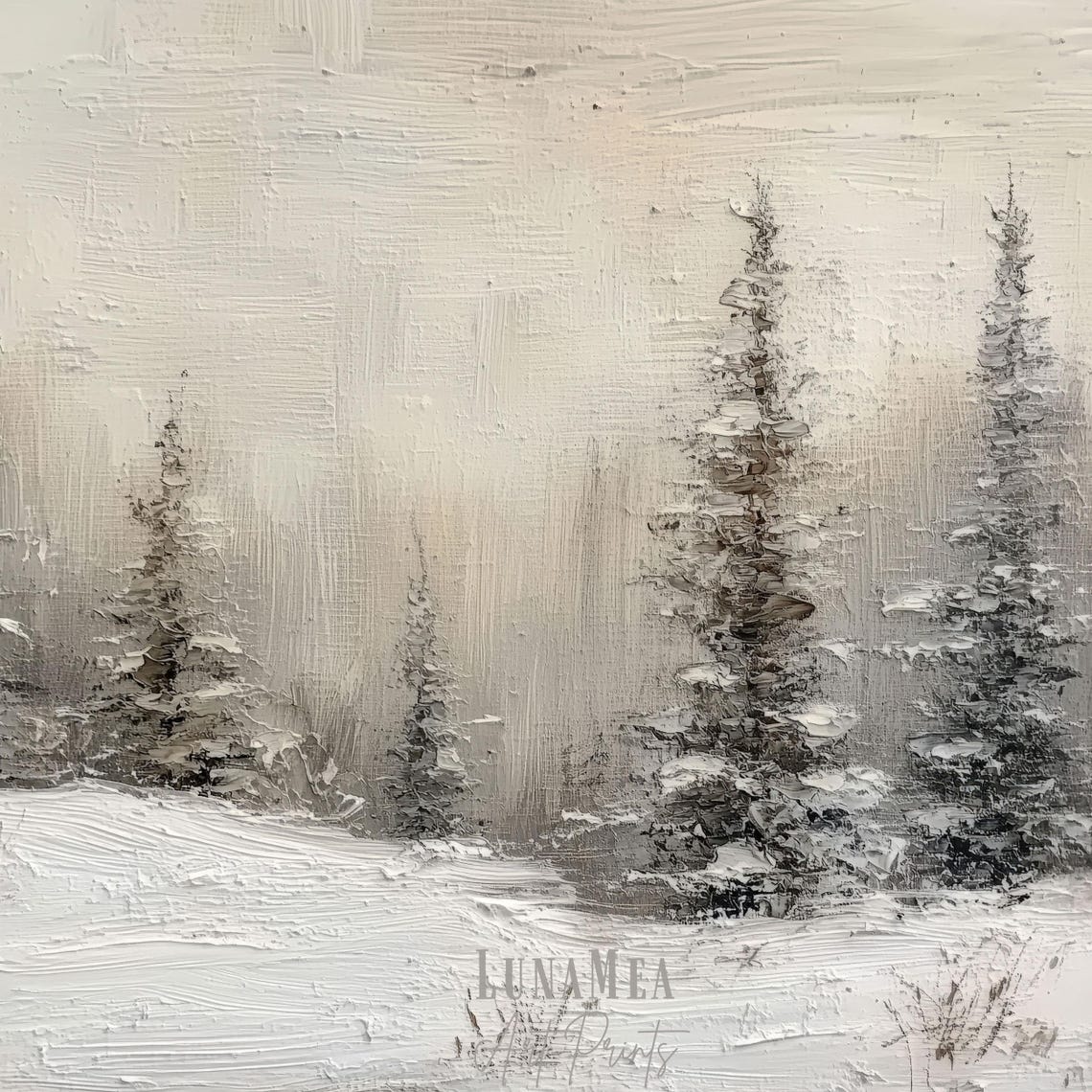 Neutral Winter Forest Snowy Pine Trees Textured Oil Painting Wall Art - Image 3