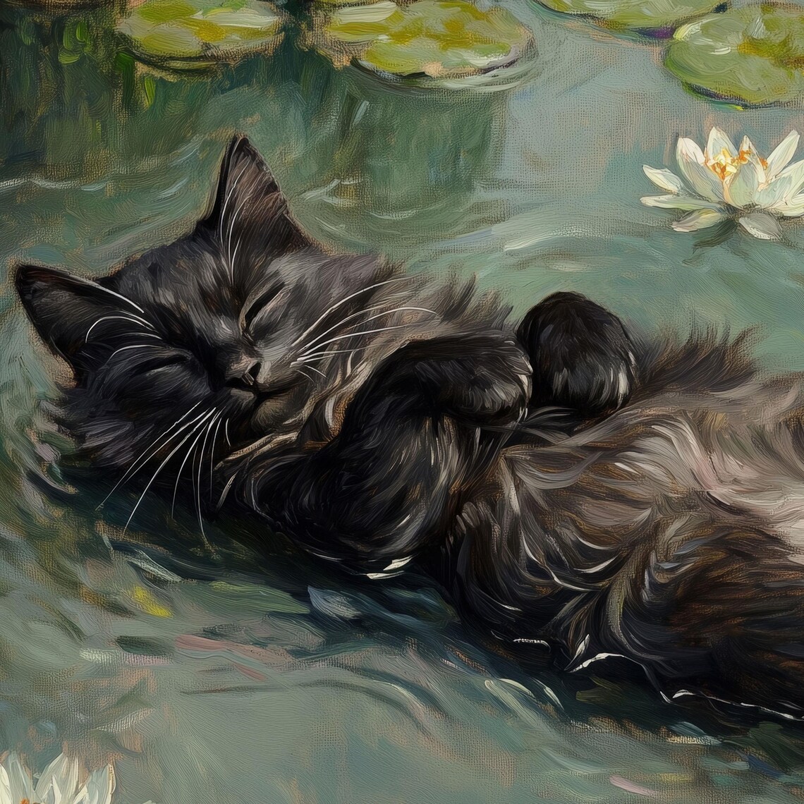 Whimsical Black Cat Floating In Lily Pond Impressionist Watercolor Cat Poster - Image 3