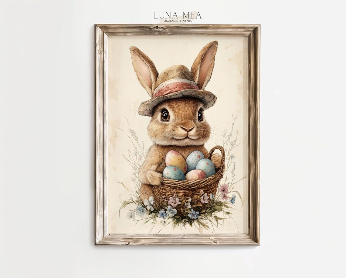 Cute Vintage Bunny In Hat Holding Easter Egg Basket Spring Rabbit Art Poster