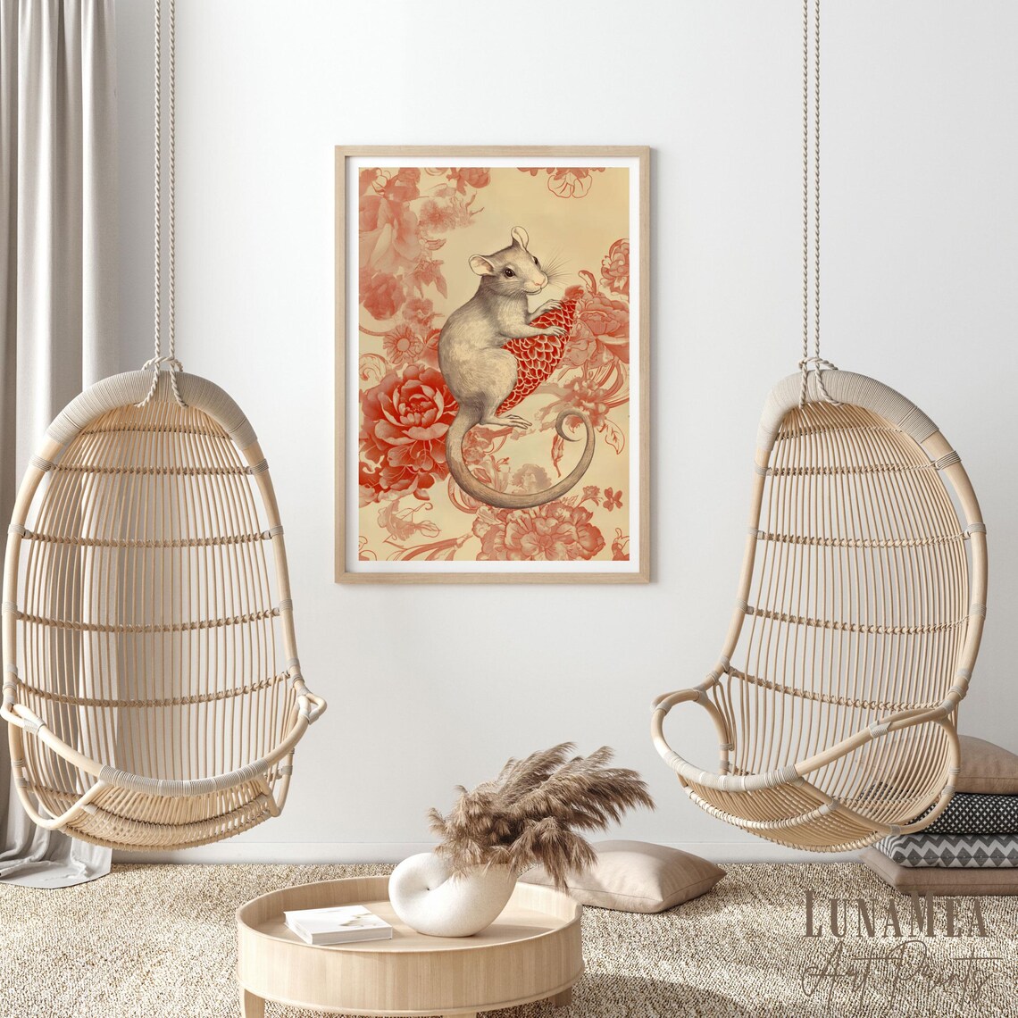 Chinese Zodiac Rat With Red Peony Flowers Asian New Year Animal Art Poster - Image 2