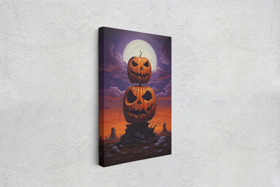 Stacked Jack O Lanterns Full Moon Spooky Halloween Night Art Poster - Image 2